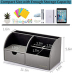 Vlando Office Desk Organizer Leather Desktop Organizer Caddy with Drawer for Storing Desktop Supplies and Accessories (Grey)