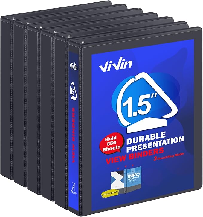 ViVin Sturdy 1.5 Inch D Ring Binders, 1.5'' 3 Ring View Binder with Customizable Clear Cover, Holds 350 Sheets of 8.5" x 11" Paper, 6 Pack, Black