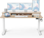 FEZIBO 60 x 24 Inch Height Adjustable Electric Standing Desk with Double Drawer, Stand up Home Office Computer Desk with 4 Height-Adjustable Feets & 2 Hooks, Maple