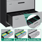 Letaya File Cabinet with Lock-Lateral 3 Drawer Metal Filing Cabinets-Organization Storage for Home Office-Hanging Letter/Legal/F4/A4 Size (Grey Black)