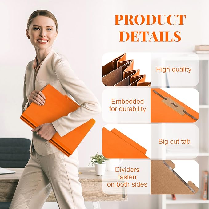 Skyygemm 48 Pcs Classification Folders Letter Size, 3 Divider Pressboard File Folder with Fasteners, Expanding File Organizer Bulk for School Teachers, Office Employee, Coworker, Staff (Orange)