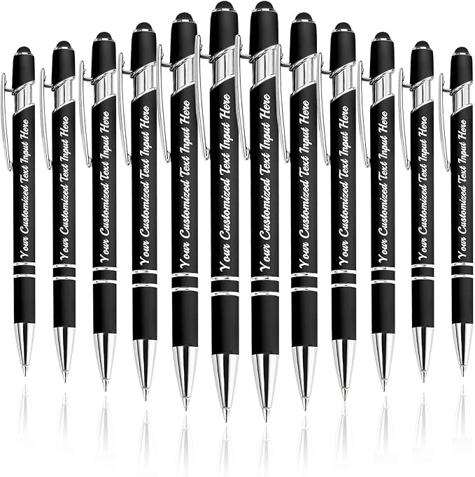 Personalized Ballpoint Pen 12pcs, Custom Pens Free Engraved Bulk with Name Logo, Soft Black Ink Stylus with Touch Metal Office, Gift for Anniversaries, Graduations, Birthdays
