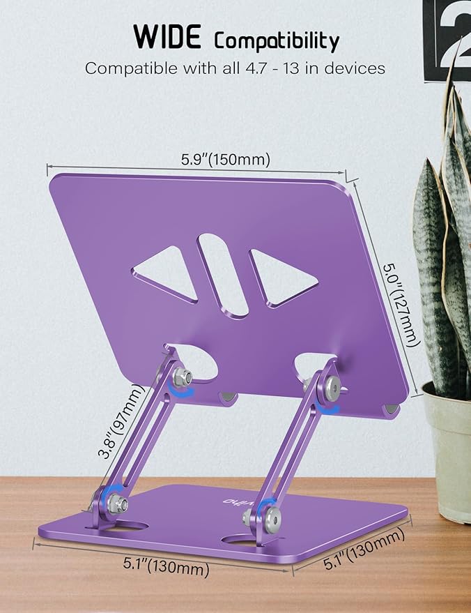 Aoviho Tablet Stand Holder for Desk, Adjustable Desktop Tablet Holder, Foldable Aluminum Tablet Mount for iPad pro 12.9, iPad Air Mini, Samsung Galaxy Tabs Z Fold Kindle Fire 4-12 inch Purple