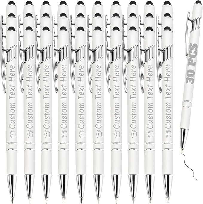 Personalized Pens Bulk 30 with Name Custom Engraving Ballpoint Pens with Stylus Tip Customized Smooth Writing Pens Personalized Gifts for Anniversary Birthday or Graduation(White,Black Ink)
