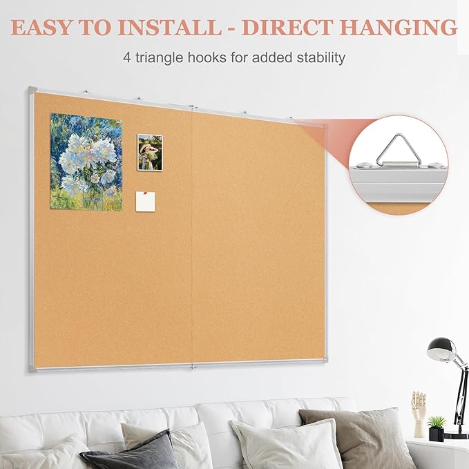 AMUSIGHT Double-Sided Large Cork Board, 60" x 40" Foldable Hanging Aluminum Framed Bulletin Board, Vision Board Pin Board Corkboards for Walls, Office, School Decor, 20 Pushpins