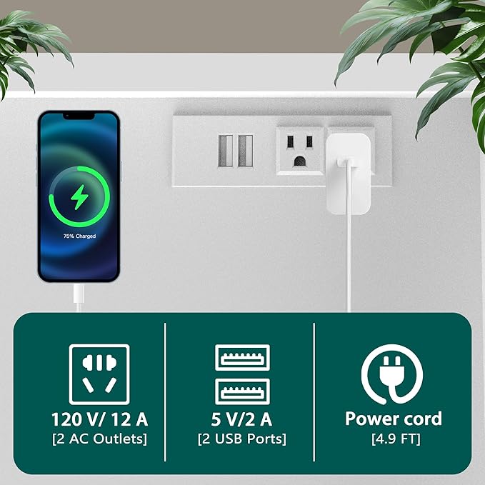 2 Drawer File Cabinet On Wheels & Charging Station, Wood Filing Cabinet with Lock & LED Light, Large Storage Printer Stand for Home Office, White