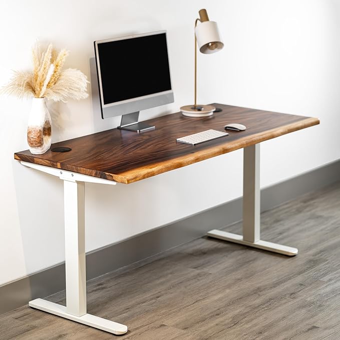 Standing Desk – Walnut Solid Wood Desk, Natural Live Edge, Adjustable Height Dual Motor, Sit Stand for Home Office (White, W60 x D27)
