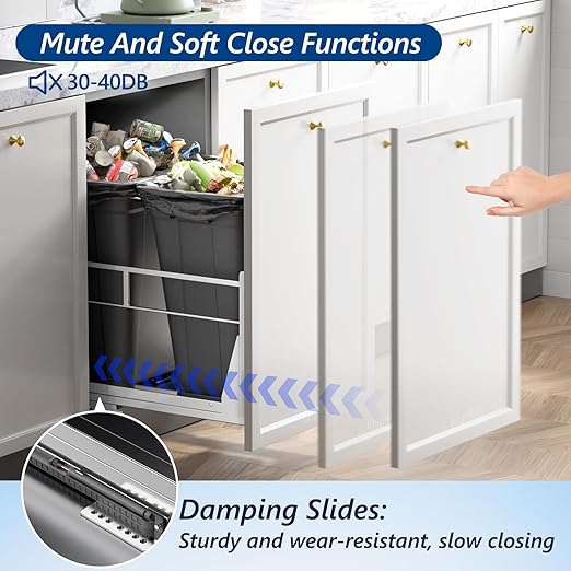 Insputer Double 40QT Pull Out Trash Can Under Cabinet, Heavy Duty Under Sink Garbage Bin Kit with Soft-Close Slides for Kitchen, Laundry, Requires Minimum Cabinets Opening 18" W X 24" D