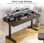 ONBRILL Modern Standing Desk with Storage, 63x23.6 Inch Electric Adjustable Height Desk with 2 Drawers, 3 Open Storage Zones, Black