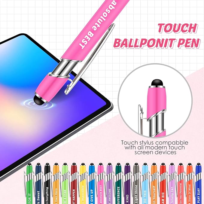 Lounsweer 100 Pieces Inspirational Ballpoint Pens with Motivational Messages, 20 Colors, 1mm Black Ink, Stylus Tip, Fun and Encouraging Gifts for Teachers, Students, Office and School Supplies