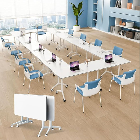 2Pack Folding Conference Room Table, Modern Conference Tables with Silent Wheels, Large Rectangular Mobile Training Tables for Office Classroom, Foldable Modular Seminar Table White (L47.2in)
