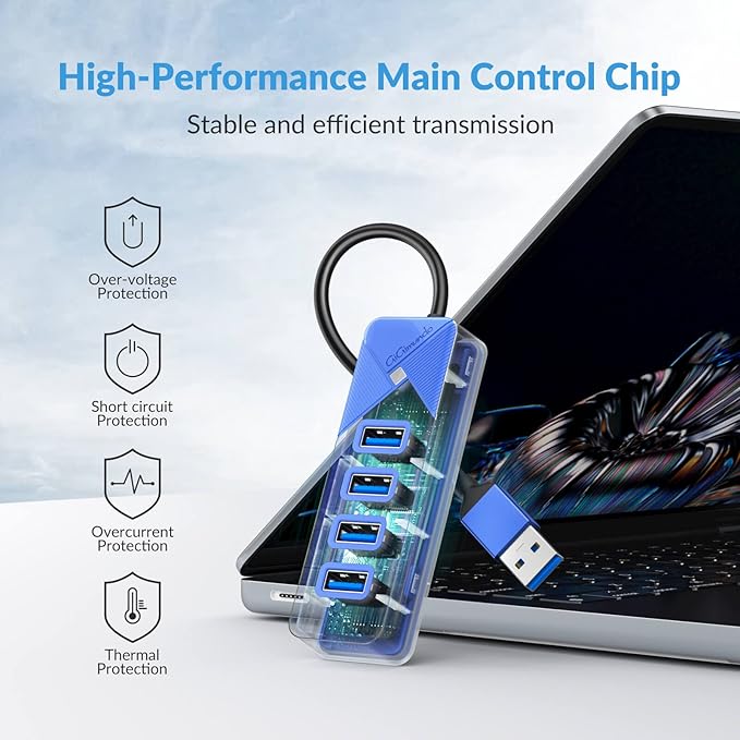 4 Port USB 3.0 Hub, 5Gbps Multi Ports USB Splitter USB Expander for Laptop, Computer, PC, PS4, Xbox, Printer, Keyboard, Mouse, Compatible with Windows, Mac OS, Linux (Blue, 15cm)