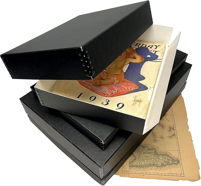 Lineco Museum Archival Storage Box, 11.75x18.25x3 in. Drop Front Design. Acid-Free with Metal Edge. Organize Photos, Pictures, Prints, Documents, Crafts, DIY. Black, 2Pack