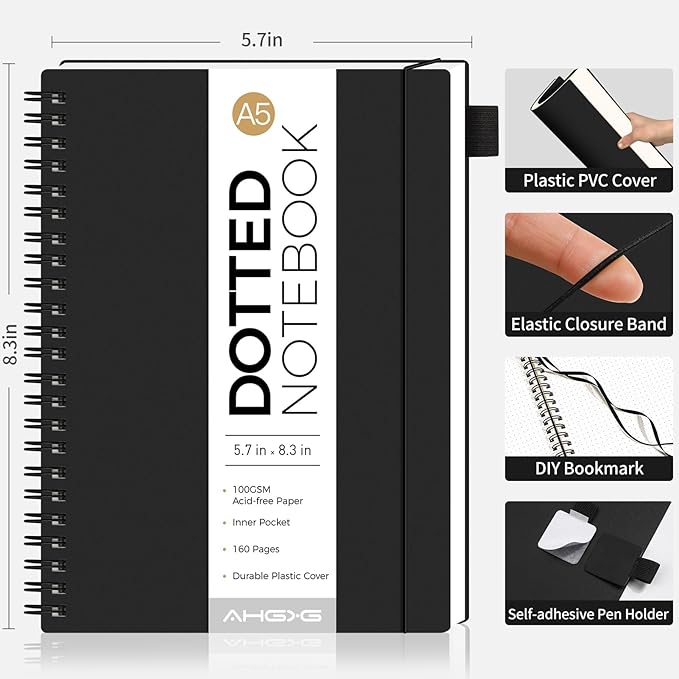 AHGXG Bullet Dotted Journal - Dot Grid Spiral Notebook A5, 160 Pages, 100 GSM Thick Paper, Waterproof Plastic Cover Journals for Bullet Journaling, Sketching, 5.7" x 8.3", Black
