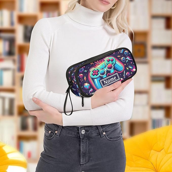 BOENLE Custom Bright Game Joystick Pencil Case Box Boys Girls Personalized Name Large Pencil Pouch Stationery Pen Bag Organizer for Kids Adults School Office