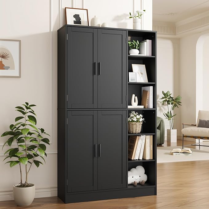 63" Tall Black Kitchen Pantry, Freestanding Storage Cabinet with 4 Doors, Adjustable Shelves for Dining Room, Laundry Room