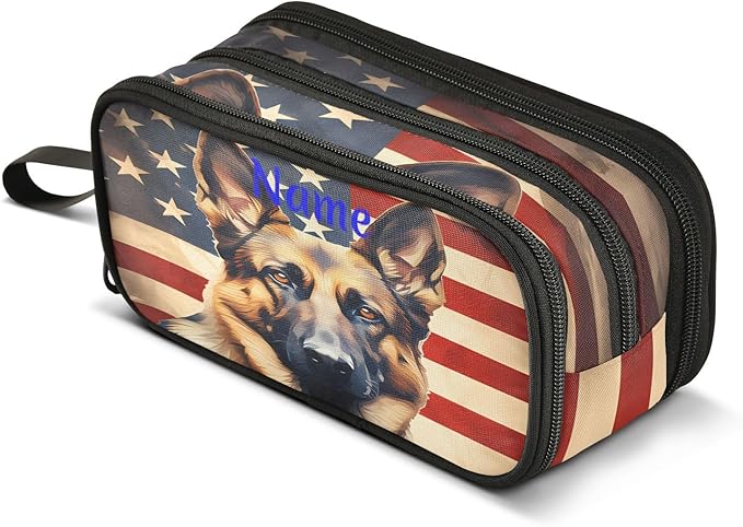 BOENLE Custom Dog German Shepherd Flag Pencil Case Box Boys Girls Personalized Name Large Pencil Pouch Stationery Pen Bag Organizer for Kids Adults School Office