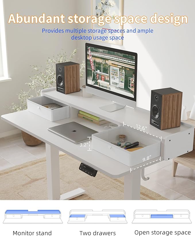 YIHAYO Electric Standing Desk with Drawers, 48 x 24 Inches Adjustable Desk with Storage Shelf, Stand Up Desk with Splice Board, Computer Table for Home Office,White Frame/White Top
