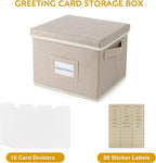 Greeting Card Organizer Box with 16 Dividers,Collapsible Greeting Card Storage Box with Handles Hold 150+ Cards,Greeting Card Holder for Greeting Cards,Sticker, Recipes, Photo, Envelope (Beige, 2 pcs)