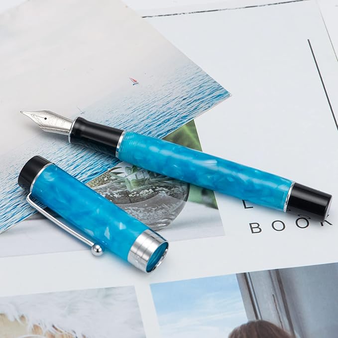 Jinhao 100 Fountain Pen Celluloid Classic Style, #6 Nib Smooth Writing Instrument with Refillable Converter and Pen Case Set