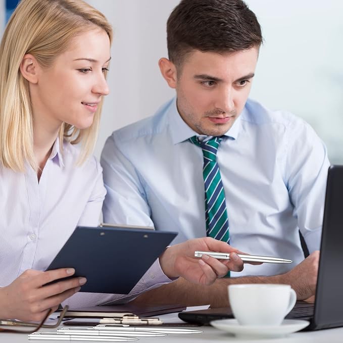 Lincia 100 Pieces Silver Slim Metal Ballpoint Pen 1 mm Medium Black Ink Smooth Writing Silver Retractable Point Metal Pen for Office Business Students Teachers Wedding Guest(Stylish)