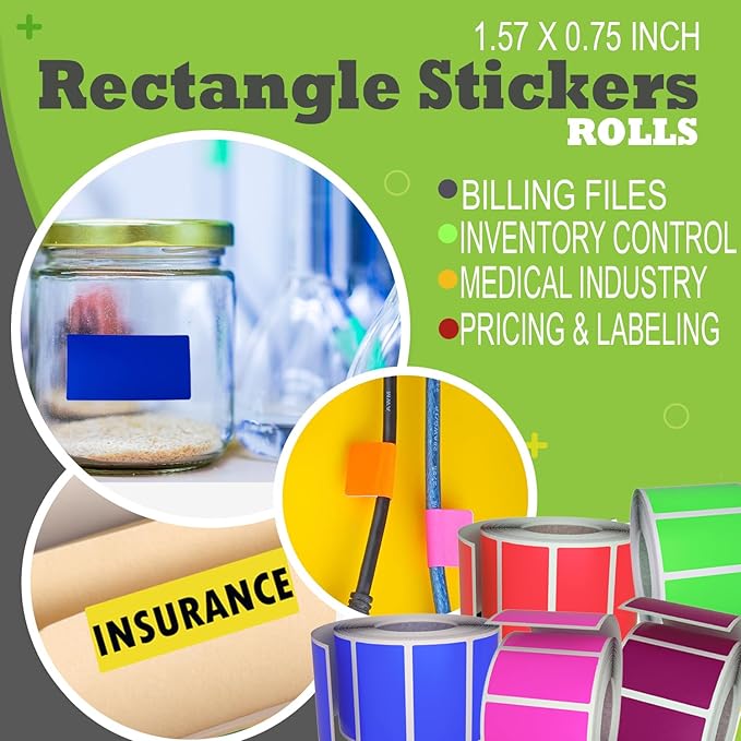 Neon Red Sticker Label Rolls 1.57" x 0.75", 5 Rolls- 2500-Pack, Rectangular Easy Write Labels 40mmx19mm by Royal Green