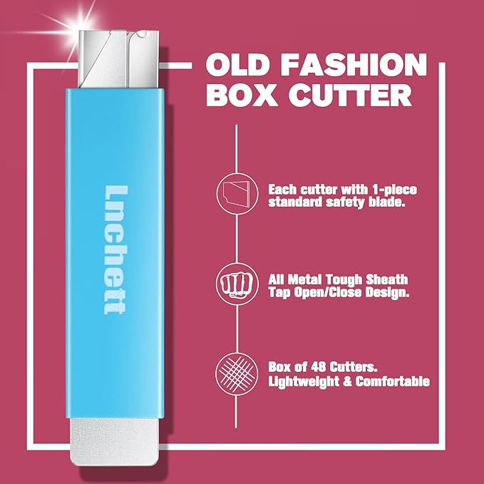 Lnchett Box Cutter, 48-Pack Retractable Cardboard Mini Box Cutter for Packages, Boxes and Paper, All Metal Tough Sheath, Functional Basic Cutter with Case, Lock Ball Design