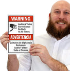 SmartSign 10 x 7 inch “Warning - Audio & Video Surveillance On Duty At All Times” Bilingual Sticker Label, 3 mil Laminated Adhesive Polyester, Red, Black and White, Made in USA