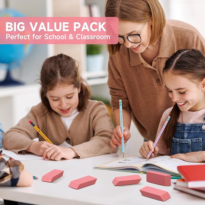 144 Pack Pink Erasers Bulk, Large Pencil Erasers for School, Classroom, Teacher, Homeschool, and Office Supplies