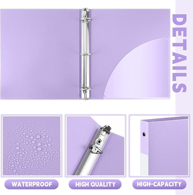 Henoyso 48 Pcs 3 Ring Binder 0.5 Inch Round Fits Letter Size 8.5'' x 11'' Paper Plastic Flexible Binder Bulk Holds 140 Sheets with 1 Pockets Versatile Organizer for Home Office School (Light Purple)
