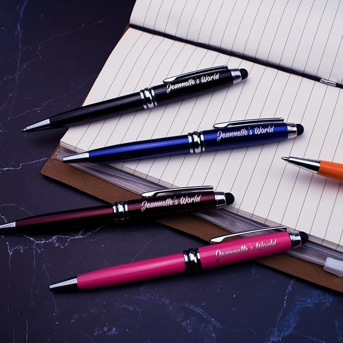 Ancolo Personalized retractable pens with Stylus tip stylish pens - Engraved with Your Name or Message, Phone Number Black ink Gift for Bank, Office, Hotel Lobbies 10 Pens/Box