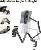 OMOTON Adjustable Tablet Stand for iPad, Desk Phone Holder for Bed with 2 Clamps, Flexible Aluminum Alloy Mount with 360° Rotation for 4-13" Devices (Black)