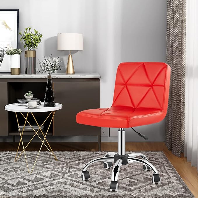 COSVALVE Armless Desk Chair, Mid Back Swivel Office Chair, Adjustable Task Chair with Rolling Wheels and Diamond Pattern, for Home Computer Barber, Red