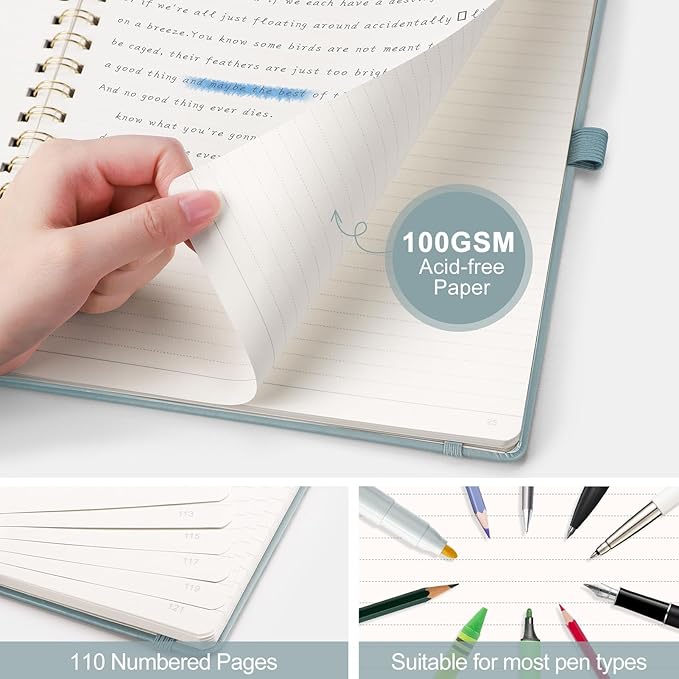 AHGXG Lined Spiral Notebook 8.5" x 11", A4 Large Notebooks for Women Men, Hardcover Leather Notebook College Ruled, 100 GSM Thick Paper, Notebooks for Work School Note Taking Writing, GrayBlue