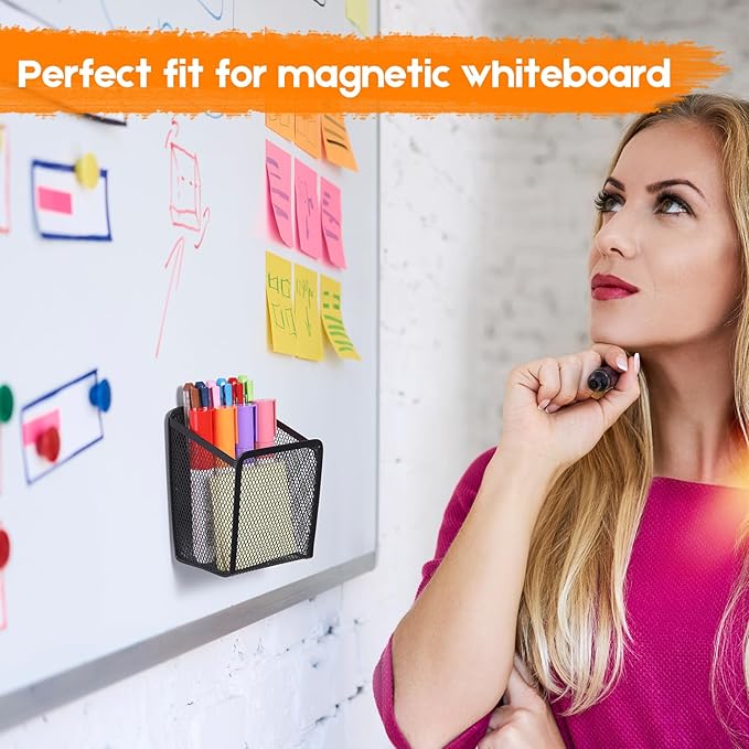 Ameceres Magnetic Pencil Holder - Extra Strong Magnets Mesh Marker Holder Perfect for Whiteboard, Refrigerator and Locker Accessories (1 Basket, 2 Packs Black)