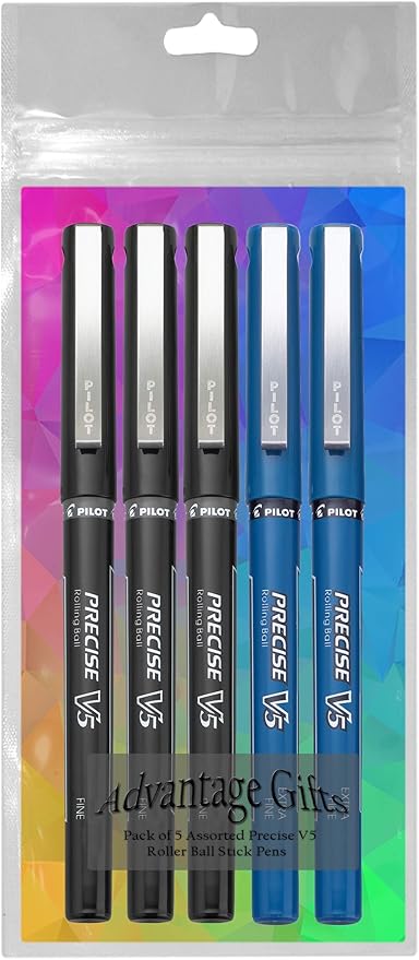 Precise V5 Stick Rolling Ball Pens, Extra Fine Point (.5mm), Assorted Colors Black/Blue Ink, 5-pk; Bundle with Plastic Reusable Pouch