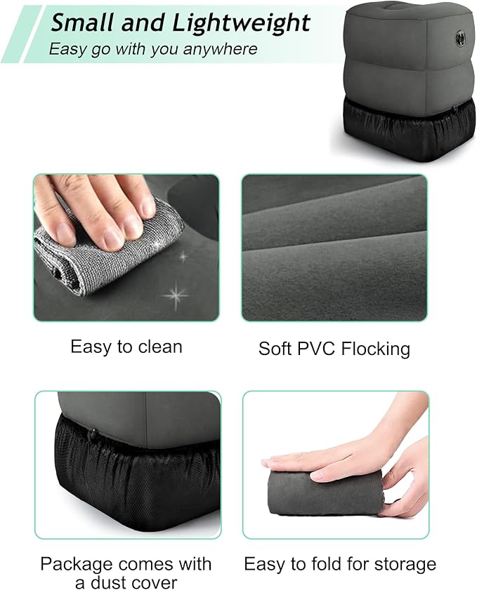 JefDiee Inflatable Travel Foot Rest Pillow, Kids Airplane Bed, Adjustable 3 Layers Height Leg Rest Pillow, Adults Travel Essentials Great for Airplane, Office, Home, Trains, Cars (2 Pack-Dark Grey)