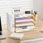 OPNICE Desk Organizer, 4-Tier Desktop File Organizer with Drawer and 2 Pen Holders, Office Desk Accessories, File Sorters, Workspace Organizers for Office Supplies(Gold)