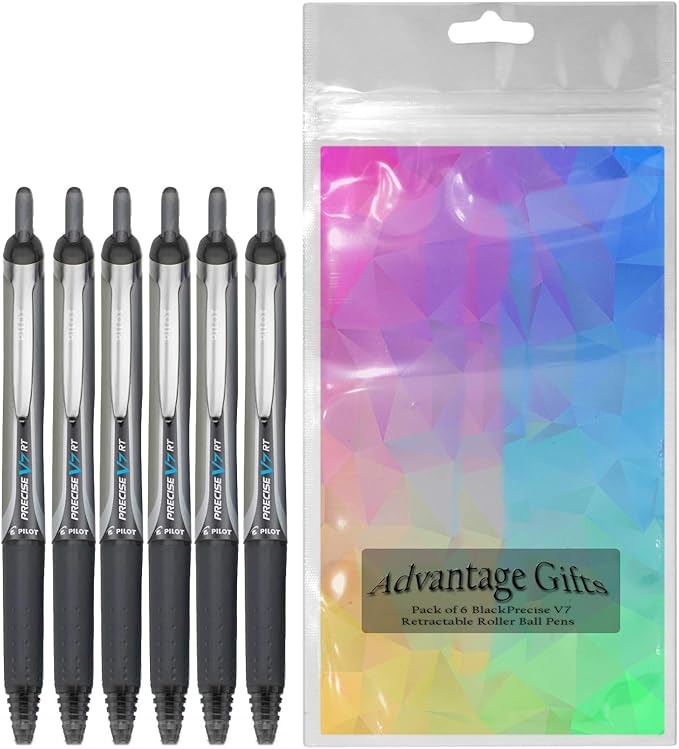 Precise V7 RT Retractable Rolling Ball Pens, Fine Point (.7mm), Black Ink, 6-pk; Premium Comfort Grip, Bundle with Plastic Reusable Pouch