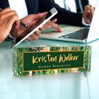 SalaGraphics Desk Name Plate, Custom for, Office Decor Women Men, Acrylic Accessories, Gifts Coworkers Boss Teacher, Employee Appreciation (Green Leaves), 8”(L)x2.5(W)
