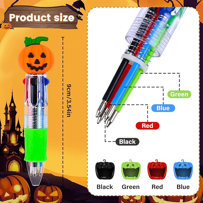 LiYiQ 100 Pcs Halloween Colorful Multicolor Pen in One Cartoon Cute Fun 4-in-1 Cute Pens Bulk Kawaii Pumpkin Ghost Bat Shape Cool Ballpoint Pens for Kids Fun Gifts