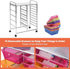 LDAILY 15 Drawer Rolling Storage Cart, Rolling Cart with Drawers for Classroom, Art Supply Craft Organizer on Wheel with Metal Frame & Handles for Home Office School