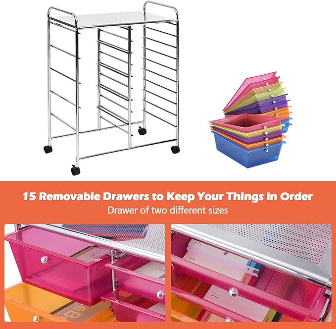 DORTALA 15-Drawer Rolling Storage Cart with Drawers, Rolling Utility Cart w/Removable Drawers & Universal Wheels, Tools Scrapbook Paper Organizer for School, Office, Home, Classroom (Rainbow)