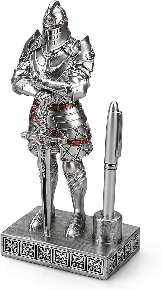Amoysanli Knight Pen Stand Decoration Resin Pen Holder Art Craft Paperweight for Desktop Organizer Festival Gifts for Boyfriend Husband Dad Son(Silver)