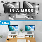 TEAMIX White Dual Monitor Stand Riser with Drawer - Length and Angle Adjustable Double Corner Desk Shelf Organizer 37 inch Long for 2 Laptop/PC/Screen/TV