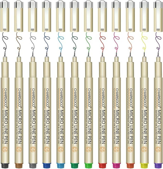 01 Micro Pen, Fine Point Pen with 12 Colors, Waterproof Archival Ink, 0.25mm Fineliner Ink Pens for Artist Illustration, Sketching, Anime, Manga, Technical Drawing and Scrapbooking
