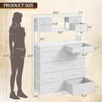 EnHomee 62.8" H Dresser for Bedroom with Multiple Fabric Drawers,White Dresser with Charging Station and LED Lights,Dressers & Chests of Drawers for Bedroom, Steel Frame & Wooden Top, Entryway