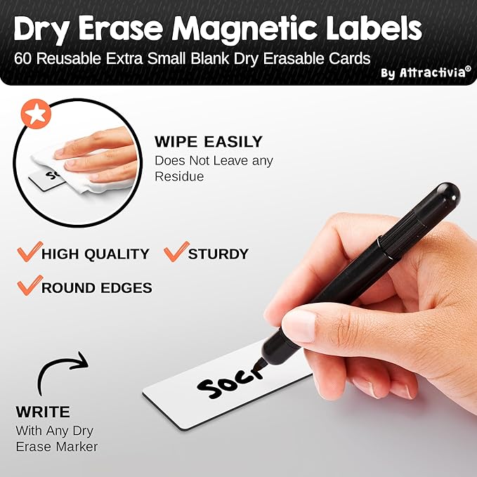 Dry Erase Magnetic Labels 2.8 x 1.2 in, Dry Erase Magnets, 60-Pack, White Erasable Write-On All-Purpose Labels, for Office, Education, Home, Whiteboard, Magnetic Name Tags
