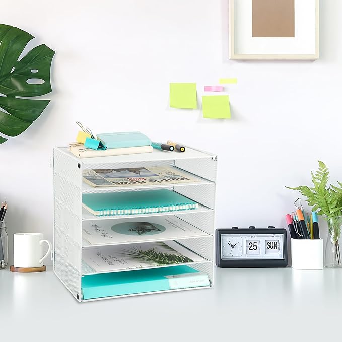 EASEPRES 5 Slot Mesh Desk Organizer Tray, File Paper Letter Folder Holder Desktop Paper Sorter Mail Organization Rack Storage Accessories, for Office Home School Classroom, White