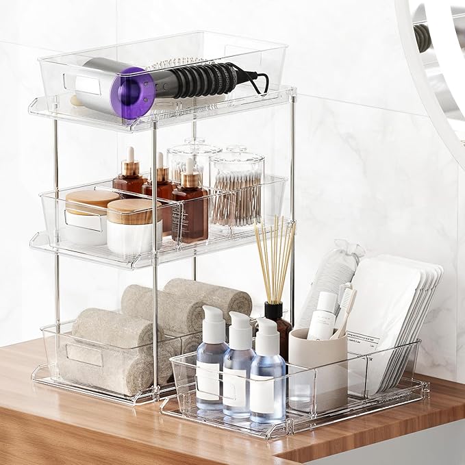 Fabspace Pull-out Home Organizer, 2 Pack 2 Tier Clear Bathroom Organizer with Dividers, Multipurpose Vanity Counter Tray, Kitchen, Closet Organizers, Cabinet & Storage Container Bins